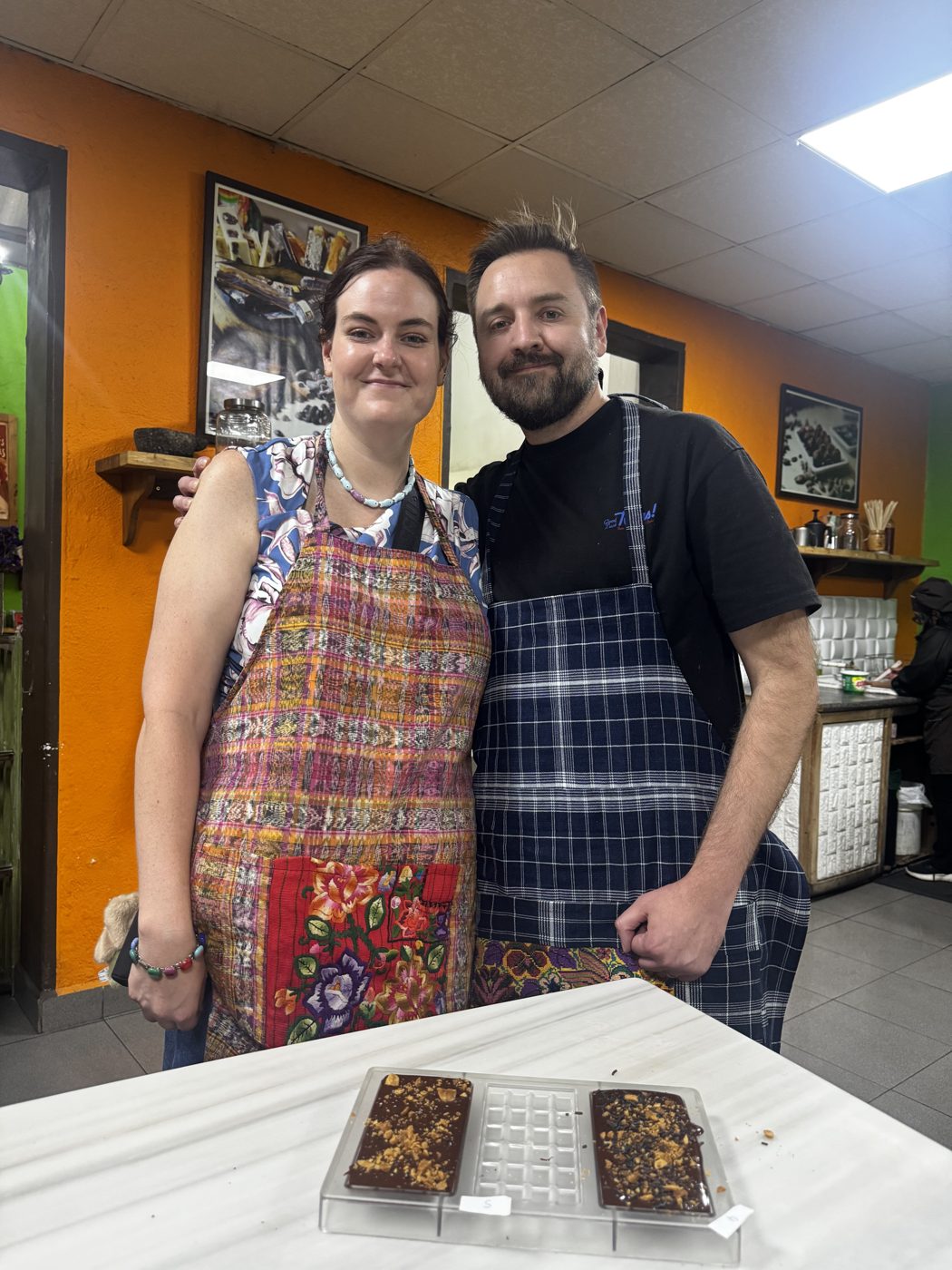 Posing in aprons after the ChocoMuseo bean-to-bar chocolate class